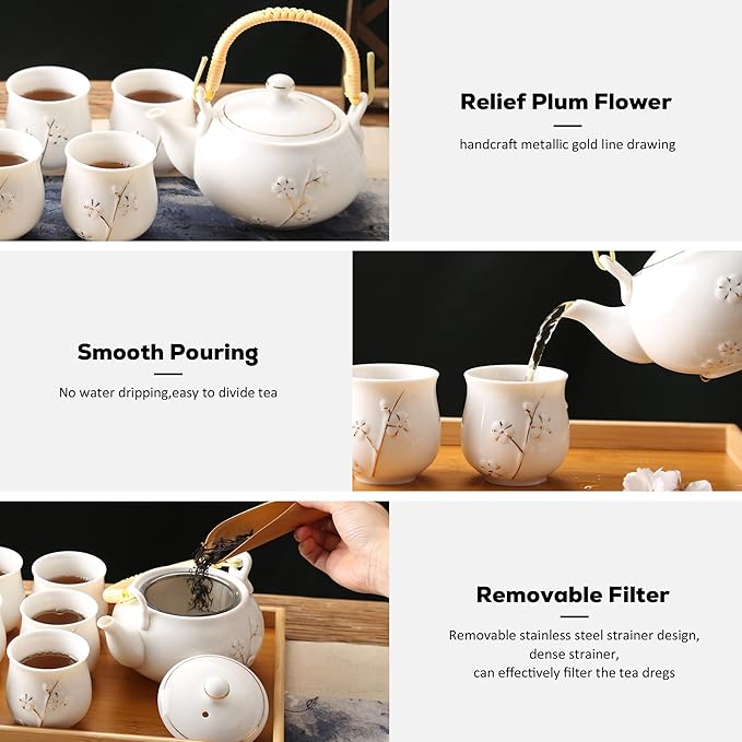 DUJUST Japanese Tea Pot, White Porcelain Chinese Teapot with Stainless Infuser, Cute Tea Pot for Adults, Tea Lover/Women/Men (Plum in Golden)