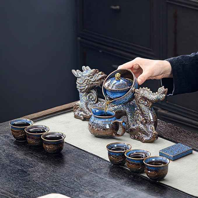 Chinese Gongfu Tea Set - Ceramic 360 Rotating teapot with Infuser, 8Cups, Semi Automatic Dragon Design for Loose Leaf Tea (Gift Box Set)