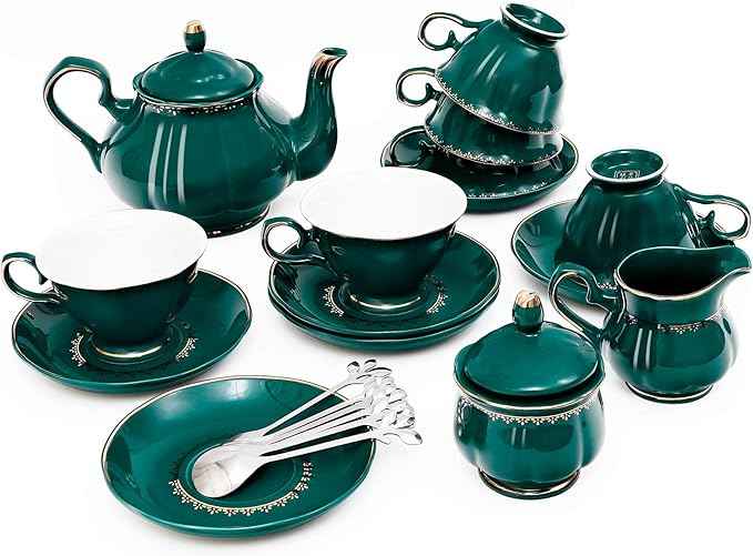 CHENP.HMC Tea Set 22-Piece Porcelain Ceramic Coffee Tea Sets Cups Saucer Service for 6 Teapot Sugar Bowl Creamer Pitcher and Teaspoons Porcelain Tea Set(Dark Green)