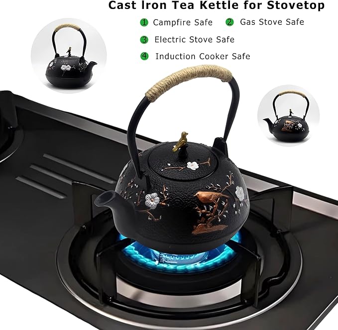 YJX Cast Iron Teapot, Japanese Style Tetsubin, Tea Kettle with Stainless Steel Infuser for Loose Tea, Internal Enamel Iron Tea Pots for Stovetop or Induction Cooker Safe(40.2oz/1200ml)