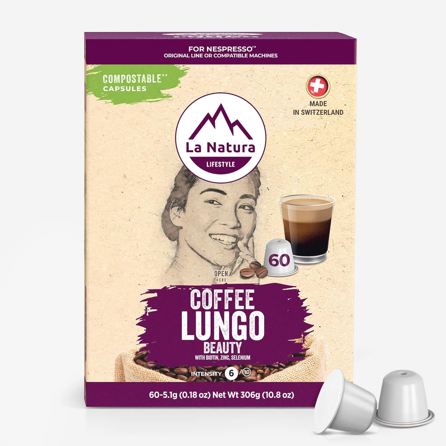 La Natura Lifestyle Beauty Coffee Pods - Lungo Roast European-Style with Biotin, Zinc & Selenium for Hair, Skin & Nails Health - Compostable Nespresso Original Line Compatible Capsules - Pack of 60 - Blissbrew