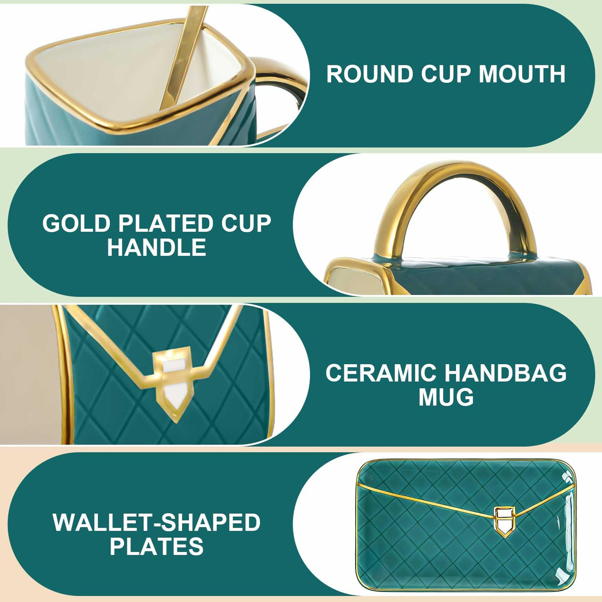 Handbag shaped mug, saucer and spoon together