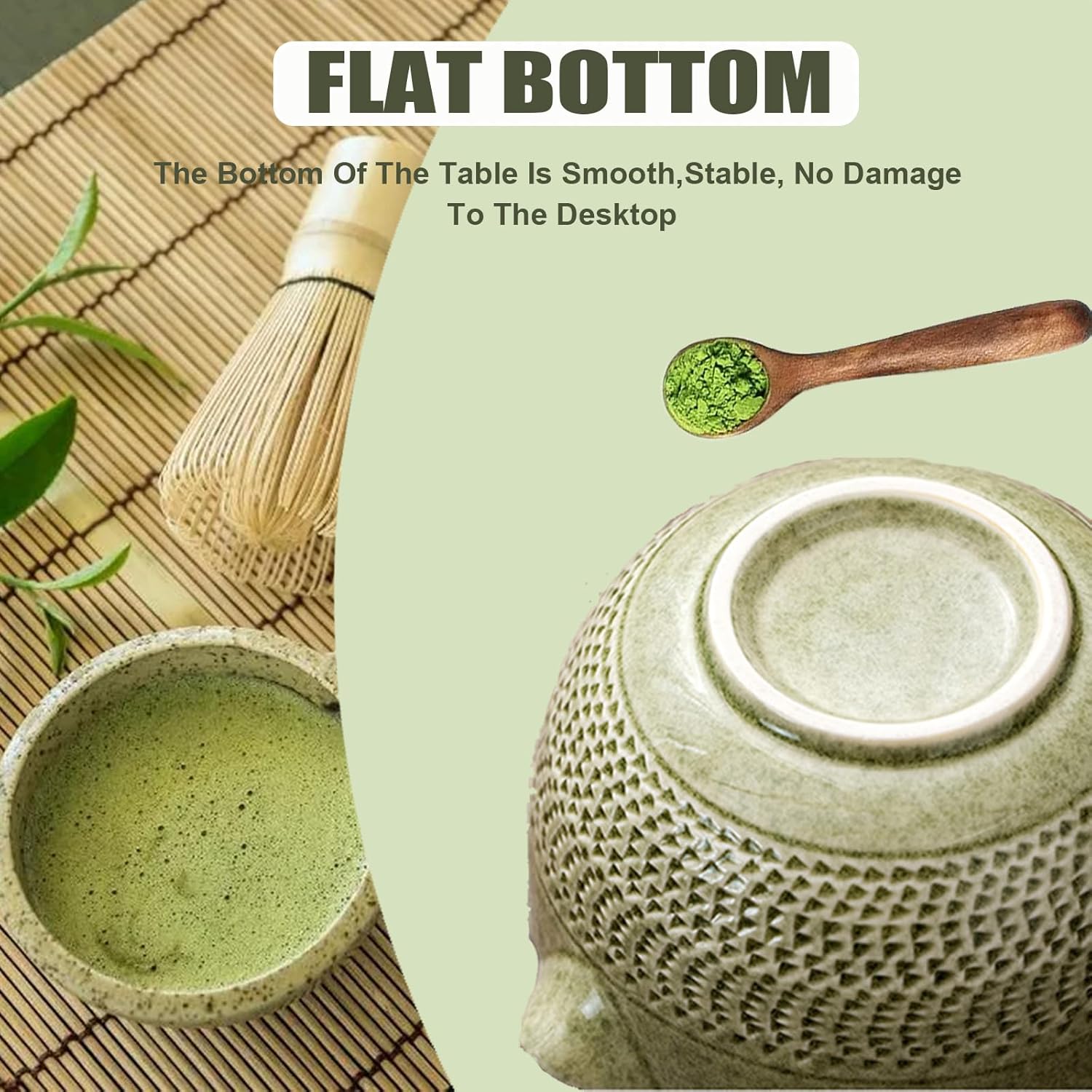 Ceramic Japanese Style Matcha Bowl Whisk Holder Temperature Resistant Braid Textured Matcha Tea Bowl Set With Spout for Trip (Green)