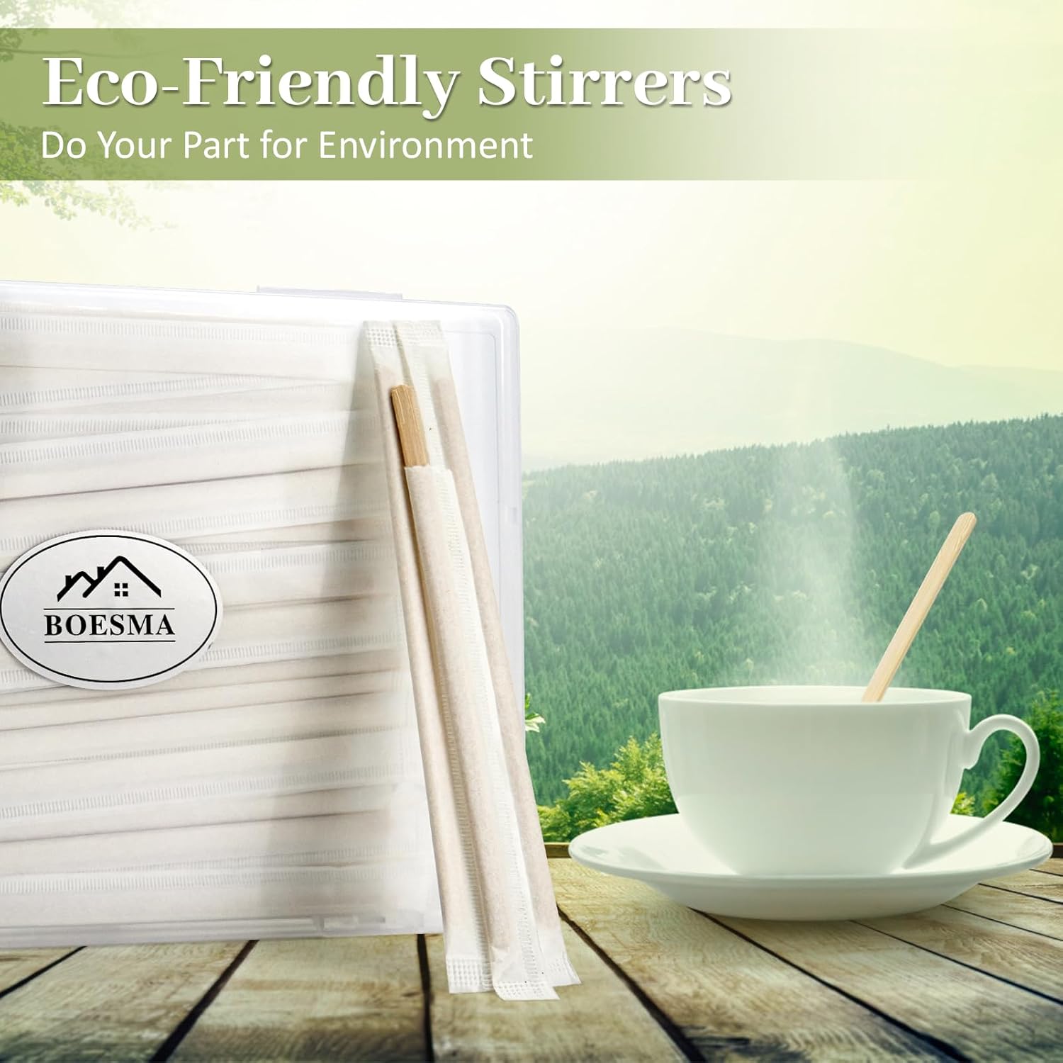 Bamboo Coffee Stirrers Individually Wrapped 200 Count in Storage Box – Coffee Stir Sticks 5.5 inch Coffee Bar Disposable individually wrapped coffee stirrers for Coffee and Cocktail