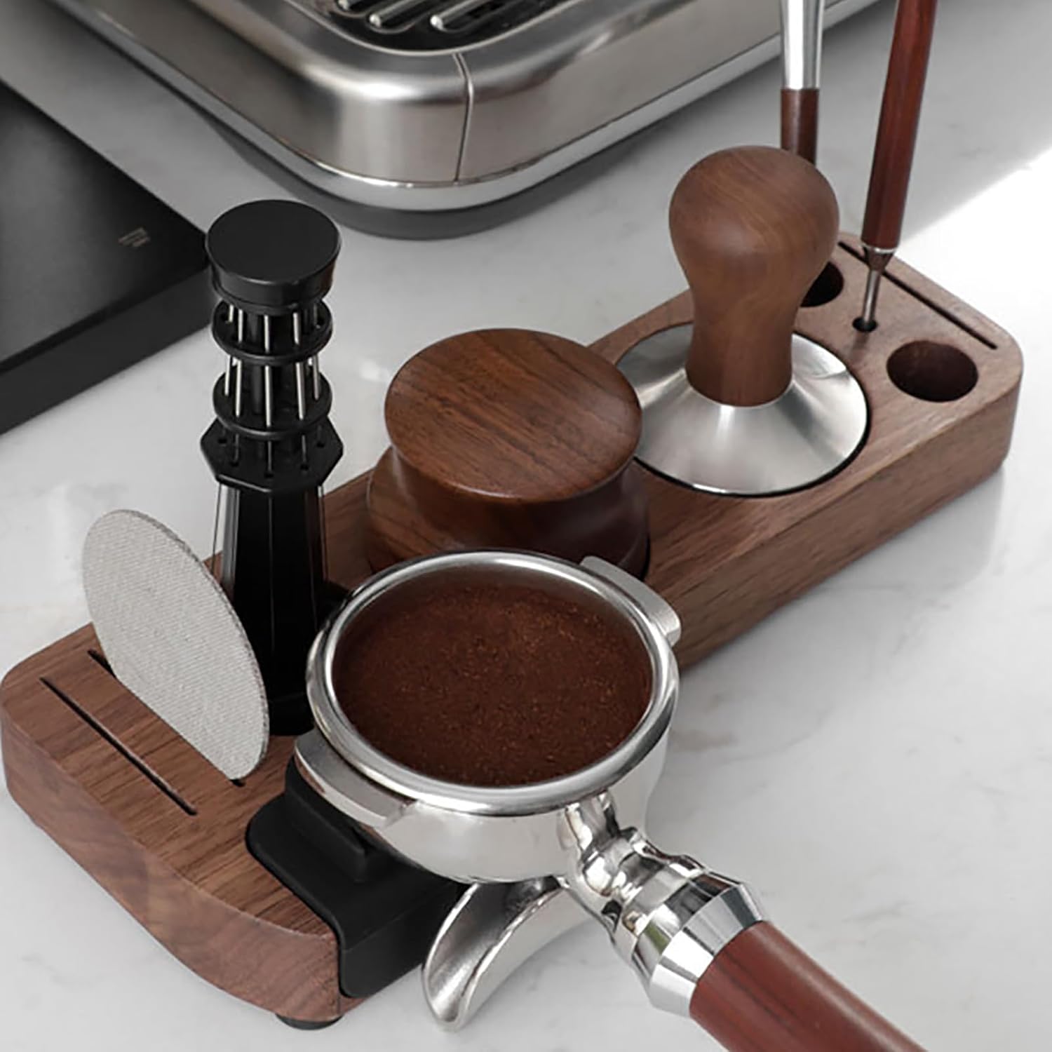Wooden Espresso Tamping Station, Portafilter Tamping Stand Espresso Coffee Organizer Box Fit for Storage 51, 53, 58MM Espresso Tamper Mat Portafilter Holder, (Accessories not included)
