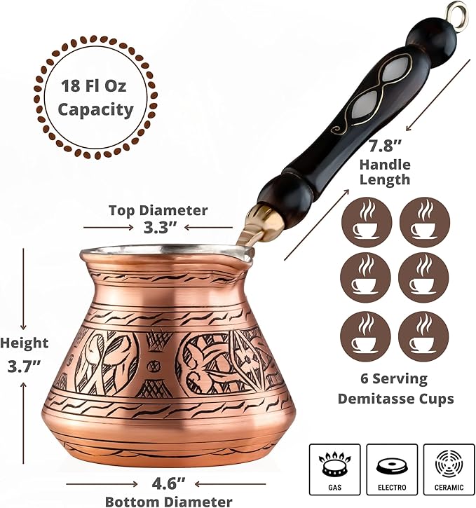 BCS 18 Oz X-Large Copper Turkish Greek Arabic Coffee Pot with Wooden Handle (6 servings) Cezve Ibrik Briki Stovetop Coffee Maker (Includes Wooden Spoon)