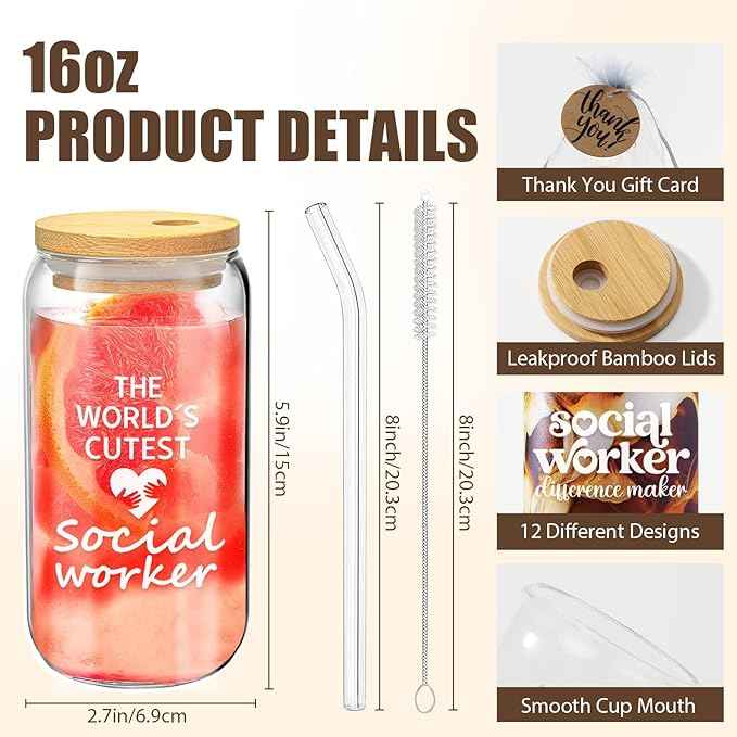12 Set Social Worker Appreciation Gifts Bulk Christmas Gifts for Social Worker Employee Coworker Team Staff Thank You Gifts Glass Cups 16 oz with Lids Straws Brushes and Gift Cards
