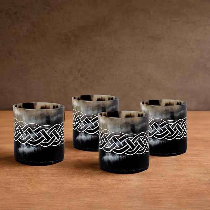 Handicrafts Home Viking Horn Shot Glasses Set of 4, Handmade Natural Ox Horn, Rustic Viking Drinkware Whiskey Shot Cups, Father’s Day Gifts, Medieval Decor Gift Set for Men & Groomsmen, Birthday Gifts