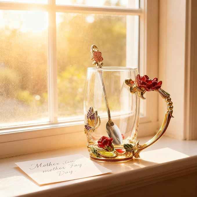 Handicraft Crystal Glass 3D Flower Cups Tea Mug With Tea Spoon Women Coffee, Tea, Juice, Beer, Milk Hot And Cold Drinks Use Gift Package. (Red Rose-Tal)