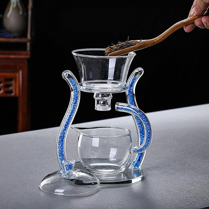 RORA Glass Teapot Set Semi Automatic Drip Rotating with Infuser Lazy Kungfu Tea pot Set (Blue)