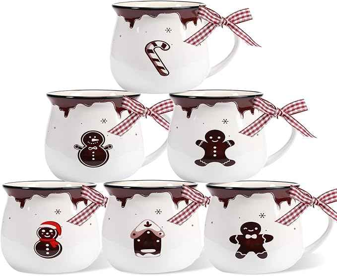 Jinei Set of 6 Christmas Coffee Mugs Gift, 12 oz Hot Cocoa Ceramic Cup for Holiday Milk Tea Mugs Coffee Bar Decoration Christmas Gift for Mom Woman Family Friend(Ginger,Gingerbread)