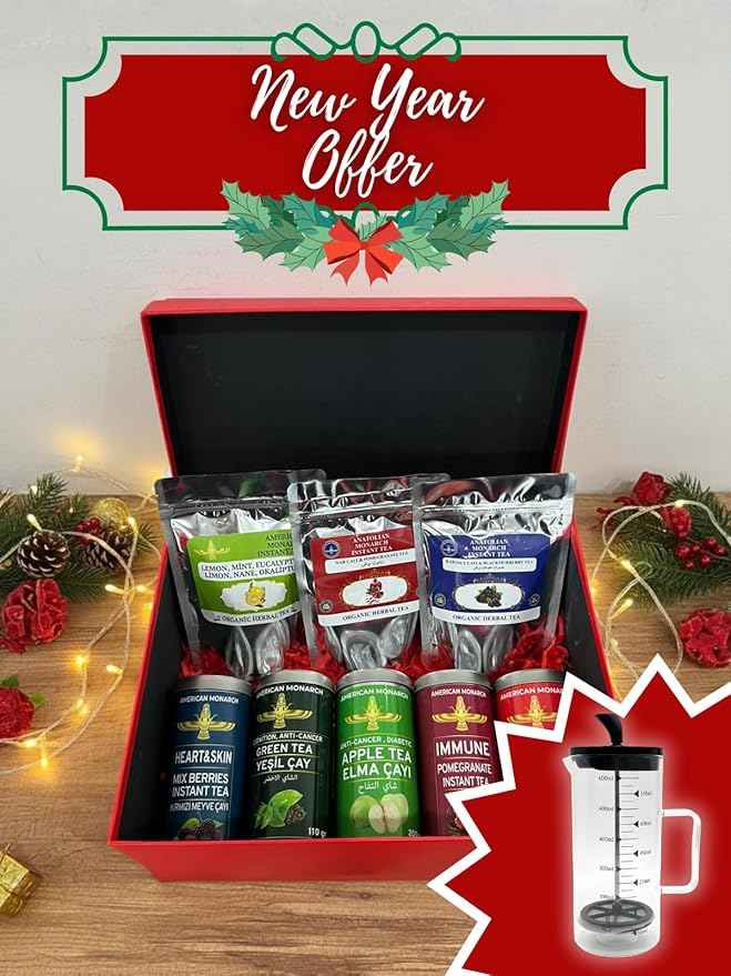 Herbal Tea Gift Box with Free French Press, New Year Gift Set, Mixed Herbal Teas, Coffee and Lokum Options (Set 1 Herbal Tea Set)