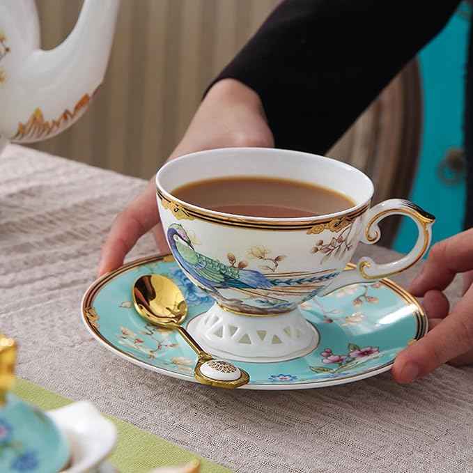 ACMLIFE Bone China Tea Cup and Saucer Set - Bone China Tea Coffee Cup and Saucer Set for 1 Luxury Fine China Tea Cup Set for One Blue Vintage Teacups and Saucers for Women Tea Party or Gift Giving