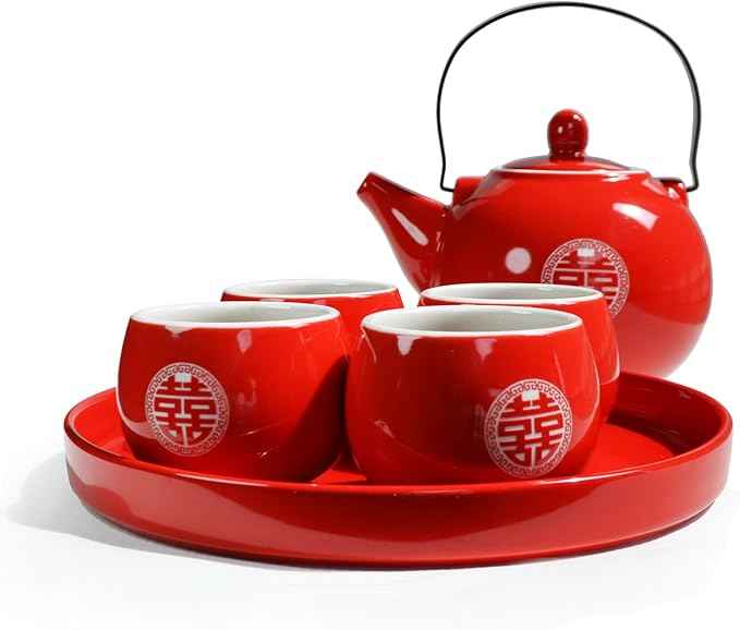 Chinese Tea Gift Set Service Porcelain Tea Pot 4 Cups tray for Adults Men Women Tea Ceremony Wedding Party Home Decor (Double Happiness)