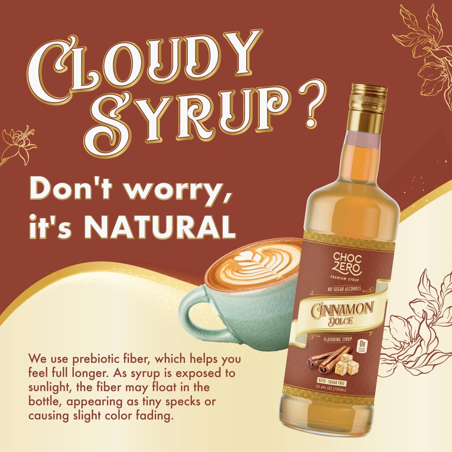 ChocZero Sugar Free Coffee Syrup, Cinnamon Dolce Flavor, Simple Syrup Drink Mix, Brown Sugar Latte, Protein Shakes & Baking, Gluten Free, All Natural, 25.4 Ounces (Pack of 1)