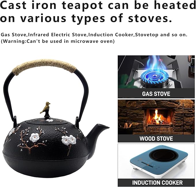 YJX Cast Iron Teapot, Japanese Style Tetsubin, Tea Kettle with Stainless Steel Infuser for Loose Tea, Internal Enamel Iron Tea Pots for Stovetop or Induction Cooker Safe(40.2oz/1200ml)