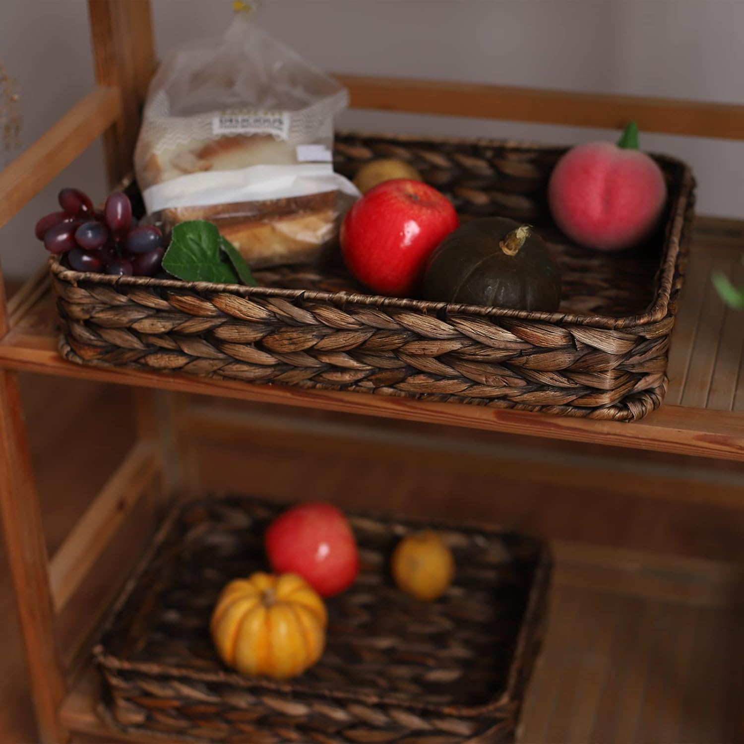 Water Hyacinth Woven Serving Tray Rectangular Hand-Woven Wicker Storage Trays for Coffee/Breakfast/Dessert/Fruit/Bread (Brown-Small)