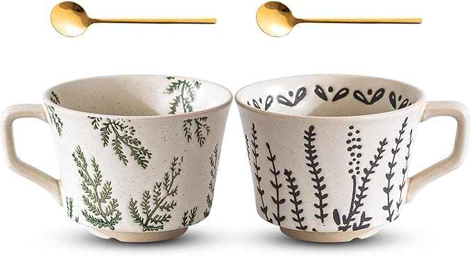 Mug Set of 2 Coffee Mugs Set 11 Ounce, Porcelain Cups for Latte, Hot Tea, Cappuccino, Cocoa, Soup, Dishwasher, Microwave Safe, Christmas Gift Set (Willow leaf & Vines)