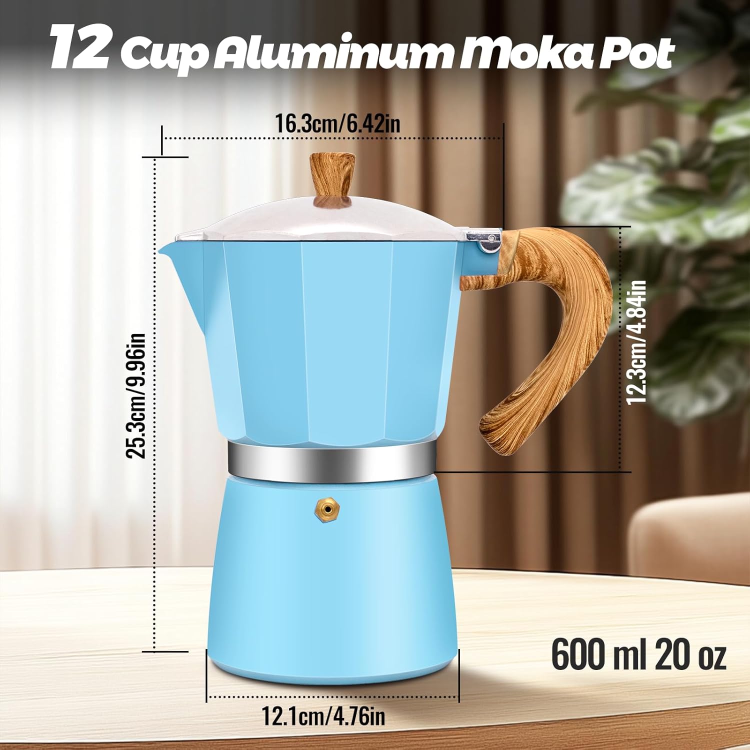 12 Cup Aluminum Moka Pot Classic Stovetop Espresso Coffee Maker 600ml 20oz Coffeemaker Percolator Mocha Pot Greca Coffee Maker Cafe Makers for Italian and Cuban Café Brewing Blue