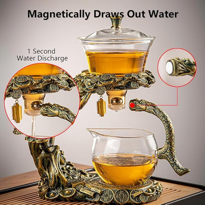 Lazy Kungfu Drip TeaPot, Heat Resistant Tea Set, Semi-Automatic Glass Teapot Suit for Magnetic Water Flow Wooden Glass Teapot Set