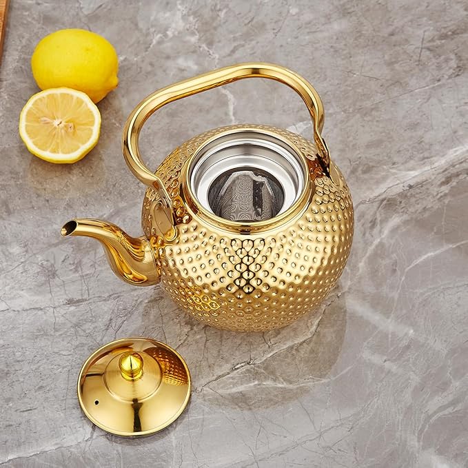 SANQIAHOME 2000ml Teapot with Infuser Stainless Steel Lifting Handle Tea Maker Gold