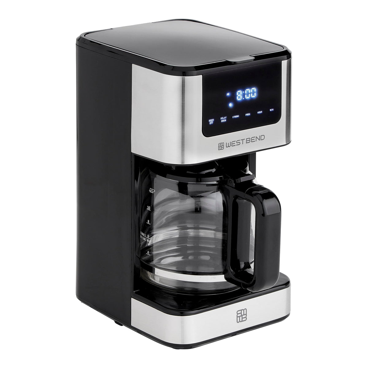 Drip coffee maker front view with touchscreen controls