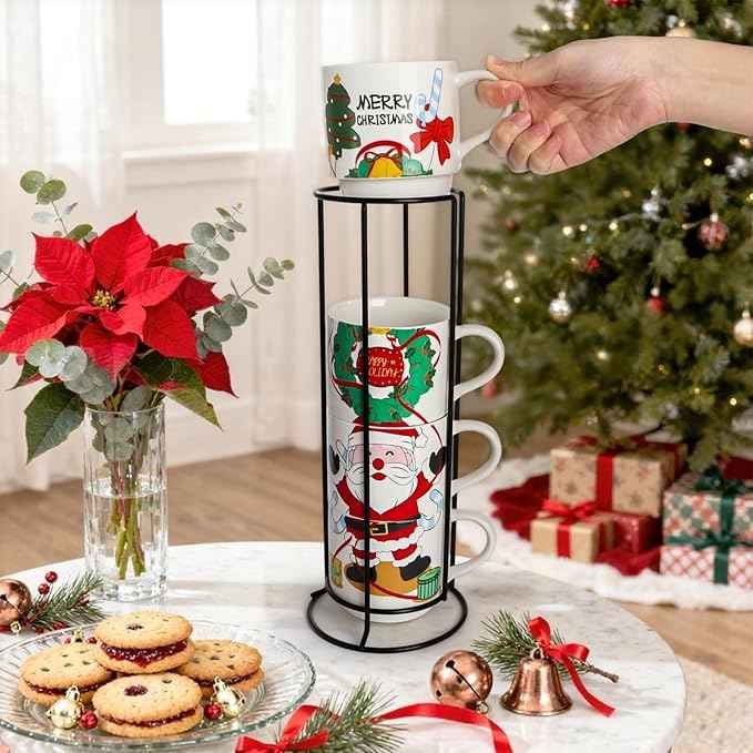 Peohud Set of 4 Christmas Coffee Mugs, 14 Oz Stackable Cappuccino Cups with Metal Stand, Porcelain Holiday Hot Cocoa Mugs Gift Set for Families, Friends, Latte, Americano, Milk, Beverages