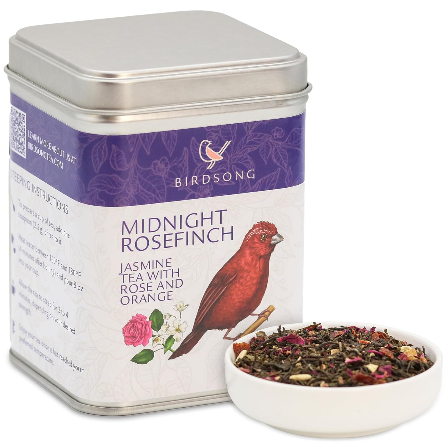 Birdsong Midnight Rosefinch: Organic Jasmine Green Tea with Rose and Orange, Light, Refreshing, Soothin Natural Tea with Citrus and Honey Notes, Medium Caffeine, 15 Pyramid Tea Sachets