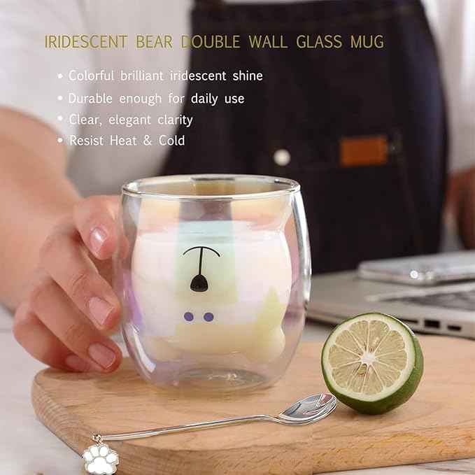 Cute Mugs Double Wall Glass Coffee Glass Cup Kawaii Bear Tea Milk Cup Funny Mug Animal Mug Aesthetic Cup for Office and Personal Birthday Gift (Iridescent Bear)