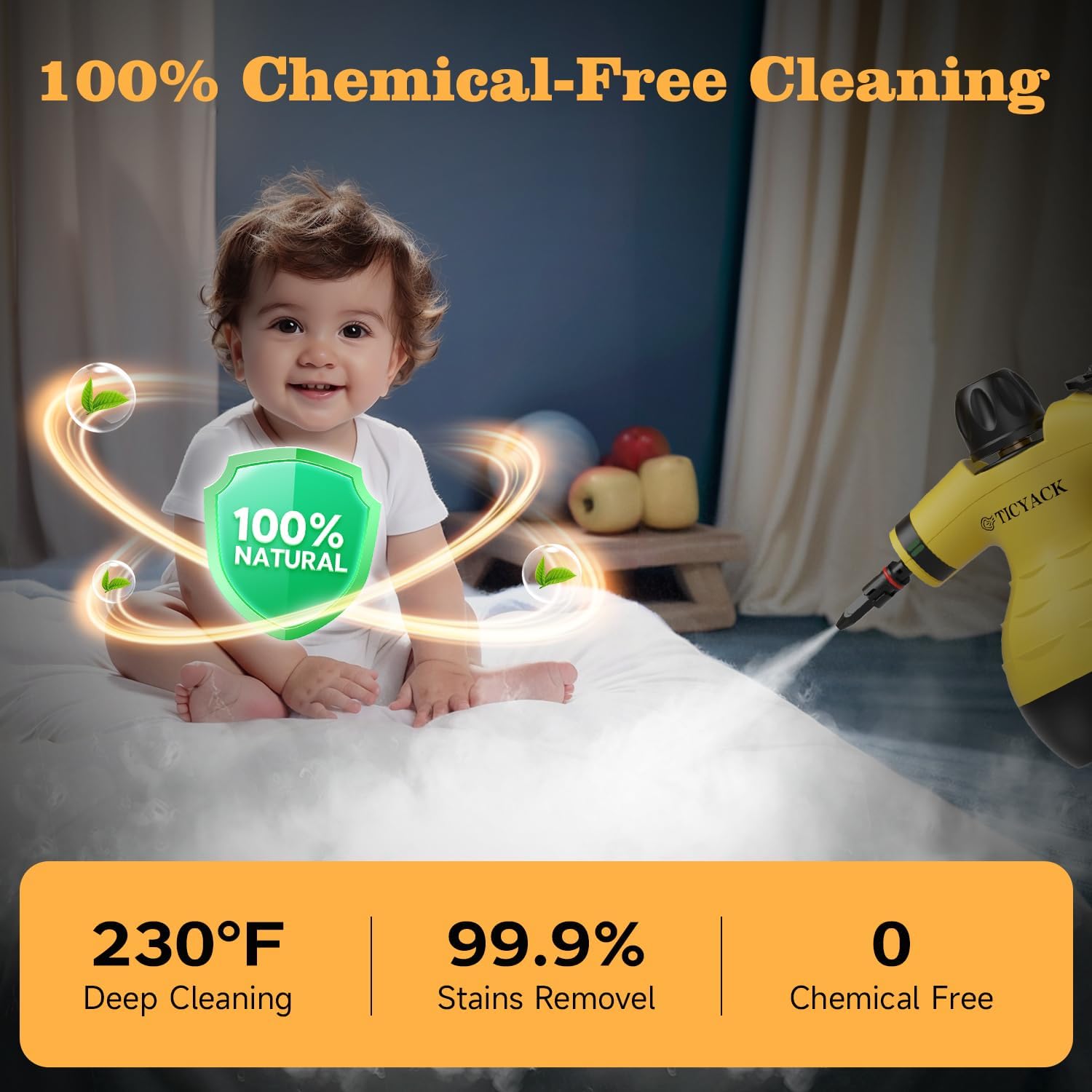 Steam Cleaner, Handheld Steam Cleaner, Steam Cleaner for Home with 16 Accessories and Automatic Steam Switch, Steamer for Cleaning Home, Living Room, Kitchen, Bathroom, Car (Yellow) - Blissbrew