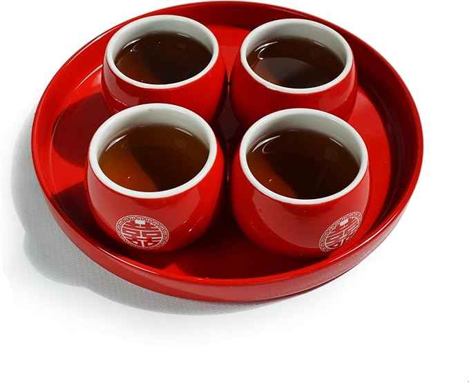 Chinese Tea Gift Set Service Porcelain Tea Pot 4 Cups tray for Adults Men Women Tea Ceremony Wedding Party Home Decor (Double Happiness)