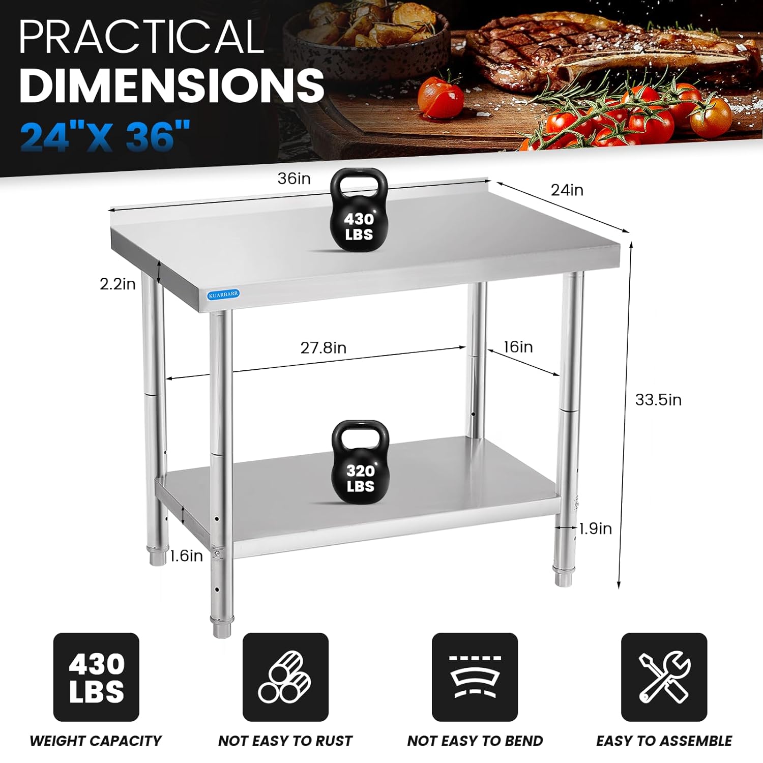 Stainless Steel Table for Prep & Work with Backsplash 24 x 36 Inches NSF Metal Commercial Kitchen Adjustable Under Shelf Worktable for Restaurant Home Outdoor