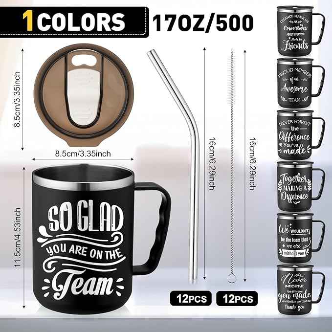 Lallisa 12 Pcs Employee Appreciation Gifts Bulk 17 oz Travel Coffee Mug with Lid Handle for Women Thank You Gifts Stainless Steel Tumblers Insulated Mug for Coworker Teacher (Black)
