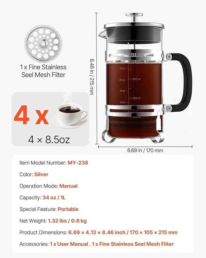 VEVOR French Press Coffee Maker, 34 Ounce 1 Liter Borosilicate Glass Coffee Press Tea Maker with Stainless Steel Filter, Large Glass French Presses Cold Brew for Camping Travel Home Kitchen, Silver