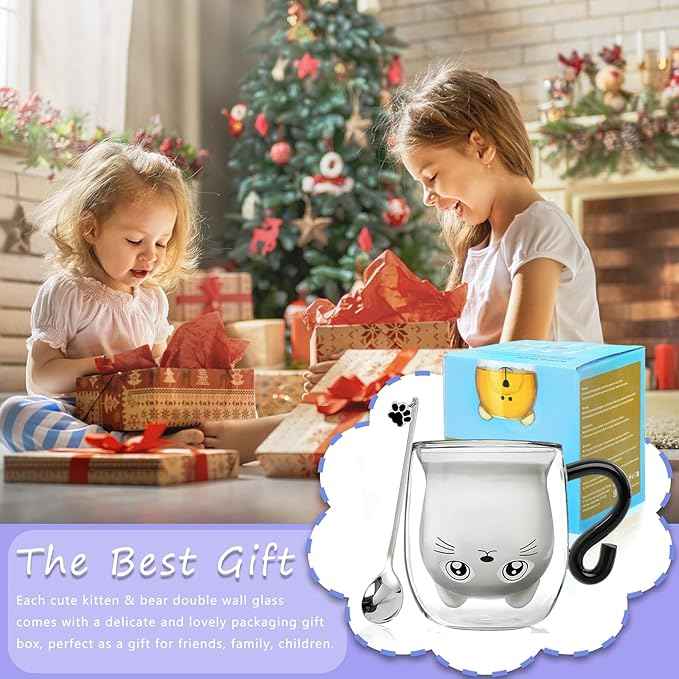 Black Cat Mug Cute Mug with Handle Double Walled Coffee Mugs Kawaii Cat Presents for Women Glass Mugs Tea Cup Cute Birthday Gifts for Cat Lovers Ideas Halloween Christmas