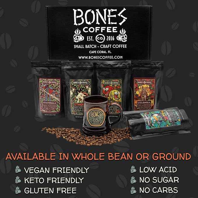 Bones Coffee Company NEW World Tour Sample Pack Box Set with Specialty Coffee Mug, 5 Assorted Single-Origin Low Acid Medium Roast Arabica Beans Flavored Coffee Gifts, 4 oz Pack of 5 Whole Bean