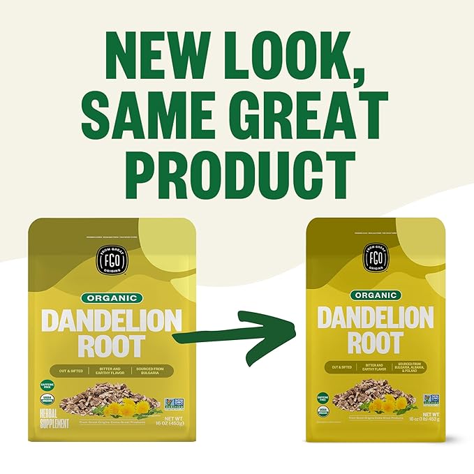 FGO Organic Dandelion Root Loose Tea, Cut and Sifted, Caffeine Free, 16oz Bulk Resealable Bag, Packaging May Vary (Pack of 1)