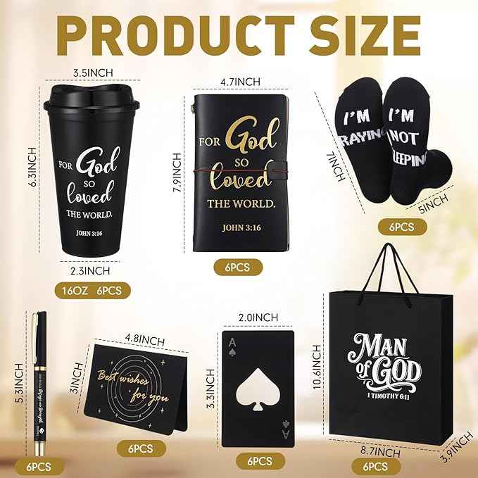 42 Pcs 6 Sets Christian Gifts for Men 16oz Reusable Religious Appreciation Bible Coffee Cups with Lid Black Leather Notebook Socks Pen Card with Bottle Opener for Father Coworker Pastor