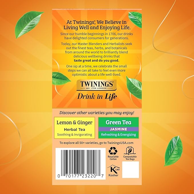 Twinings Peach & Orange Herbal Tea Individually Wrapped Bags, 20 Count (Pack of 1), Juicy & Fruity, Naturally Caffeine-Free, Enjoy Hot or Iced