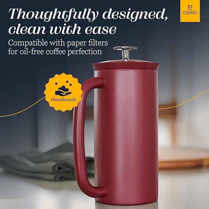 ESPRO P7 French Press Coffee Maker - Double-Walled Stainless Steel Insulated with Micro-Filter, 32 Ounces, Cranberry