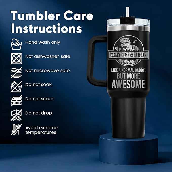 34HD Daddysaurus Tumbler 40oz with Handle Lid and Straw, Funny Like a Normal Daddy But More Awesome Dinosaur Gift, Black Dino Insulated Stainless Steel Cup, Father’s Day & Birthday Present to Papa