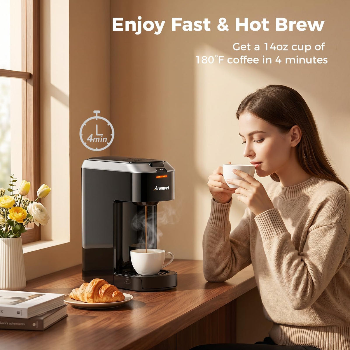 Black compact coffee maker side view