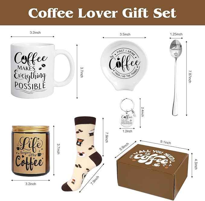 Coffee Gifts, 6PCS Coffee Gift Basket, Coffee Lover Gift Set Includes Coffee Mug Spoon Rest Holder Coffee Socks Keychain, Birthday Christmas Gift for Women Men Coffee Lover Friends