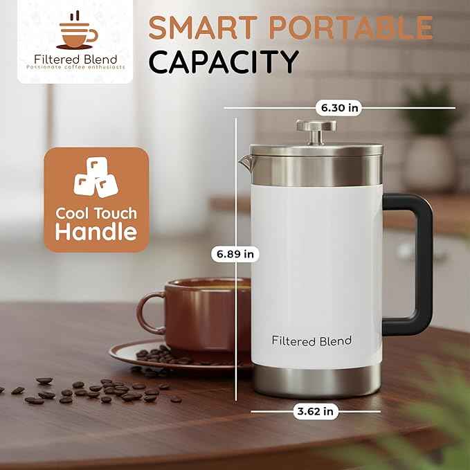 1.6L French Press Coffee Maker, 54oz Large Capacity French Press Stainless Steel Brewer with Double Filter Mesh for Kitchen Travel Camping, Hot & Cold Brew Coffee Maker Gifts (White)