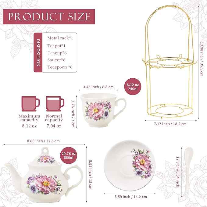 20-Pieces Tea Set For Adult with Golden Metal Rack,Porcelain Tea Sets For Women,Tea Gift Sets for Home&Party(K018)