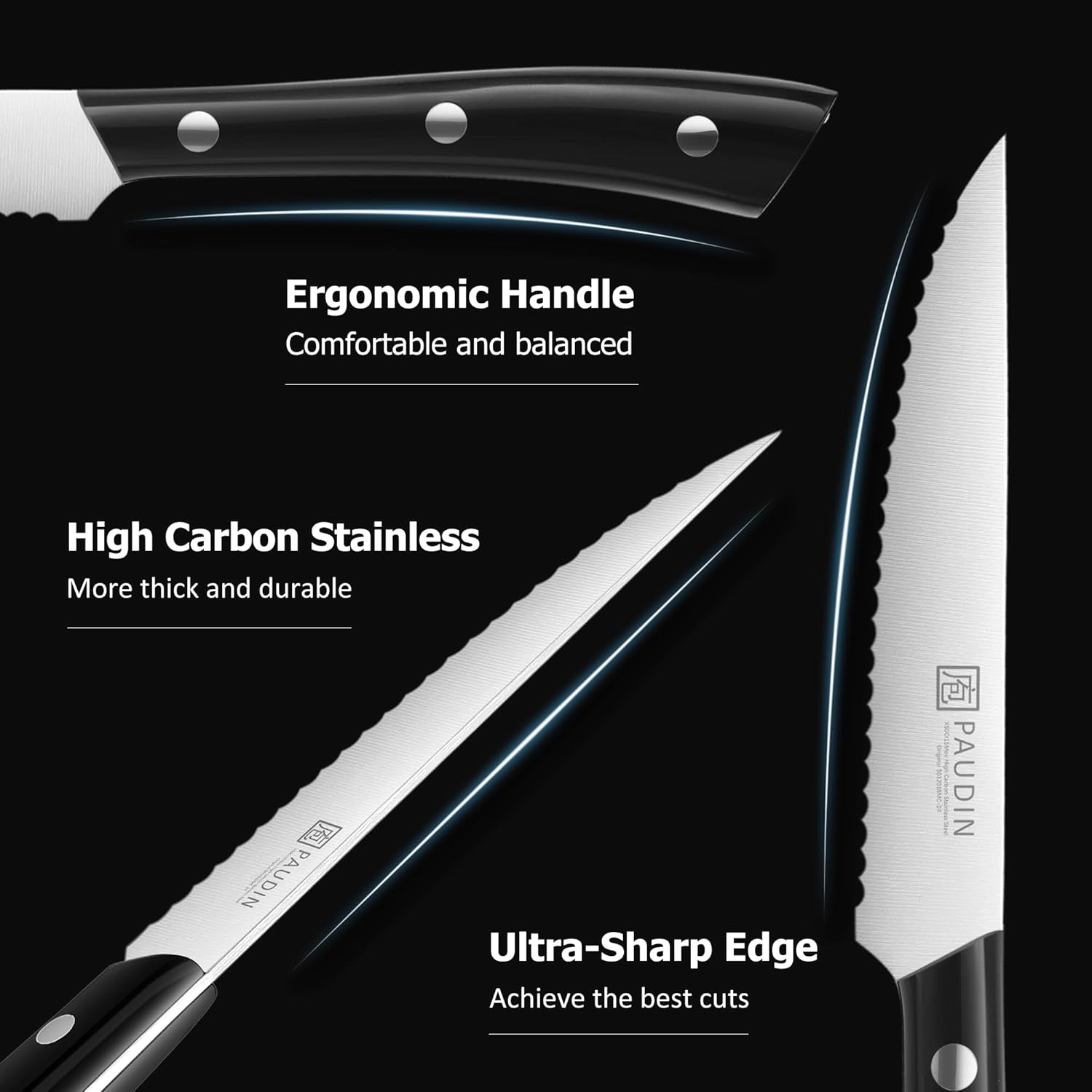 PAUDIN Steak Knives, Steak Knife Set of 8, Razor-Sharp Kitchen Knife Set 4.5 inch, High Carbon Stainless Steel Serrated Steak Knives Set for Kitchen, Full Tang ABS Handle