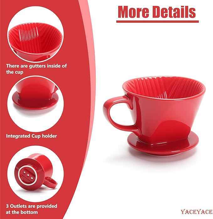 Pour Over Coffee Dripper, Single Red Ceramic Pour Over, Medium Pour Over Coffee with 3 Holes
