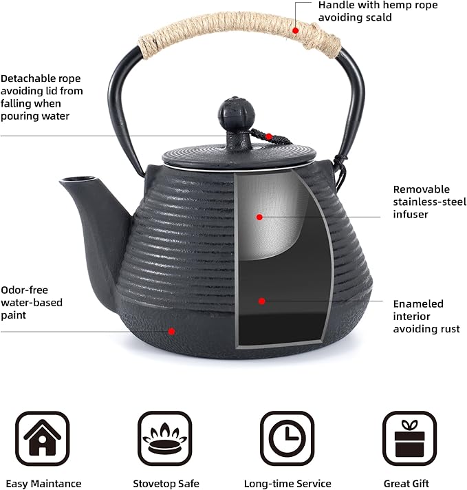 Cast Iron Teapot, 35oz Tea Kettle Stovetop Safe with Infuser for Loose Leaf, Japanese Tea Pot Coated with Enameled Interior, 1000ml Black
