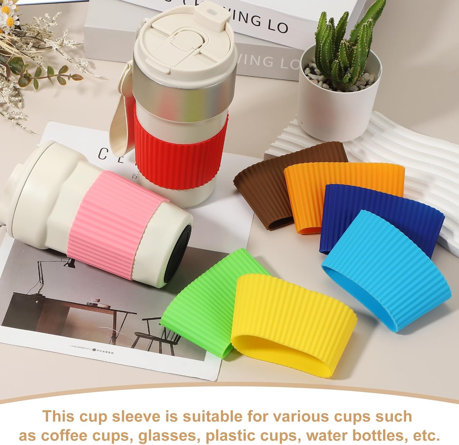 uxcell 6Pack Coffee Cup Sleeves, Reusable Silicone Heat Resistant Cup Protective Sleeve Nonslip Mug Protector Cover for Home Travel Coffee Mug Glasses Water Bottle Boots, Dark Pink