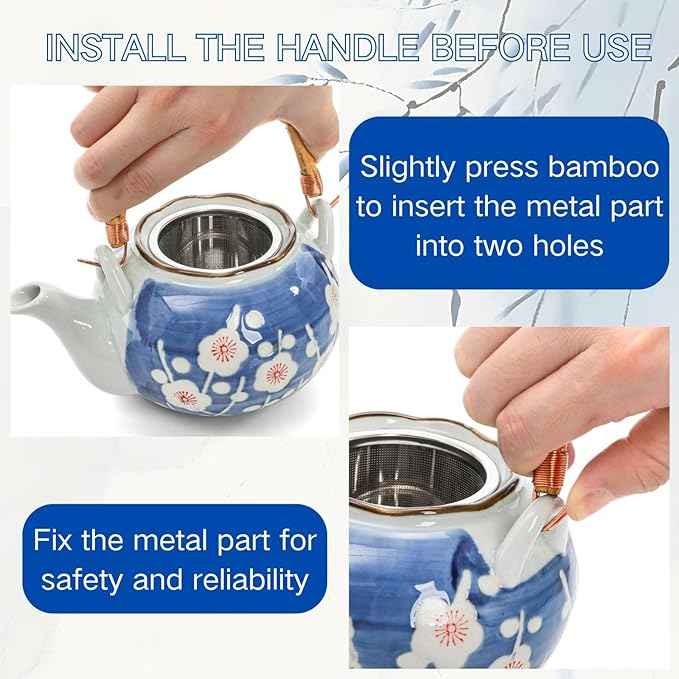 Japanese Tea Set, Ceramic Floral Tea Pot and 4 Pieces Cups with Infuser Bamboo Handle, Traditional Bone China Teapot Kit Gift for Coffee, Water, Home, Office